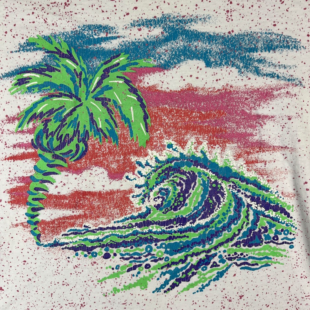 VTG Ocean Wave T Shirt‎ FIts Large 1990s Body Co Palm Tree Splatter Distressed - Picture 2 of 9